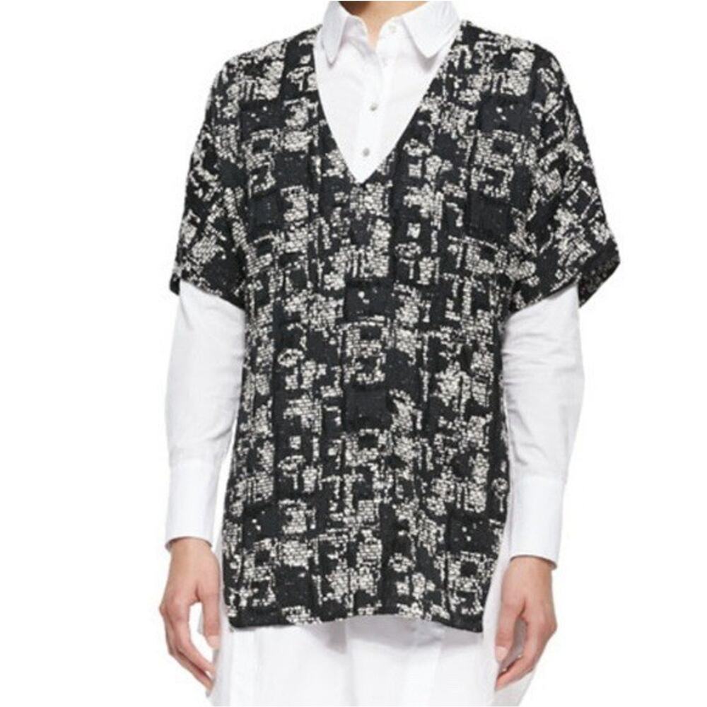 Marissa Webb Helen V-Neck Black And White Tweed Top Size M